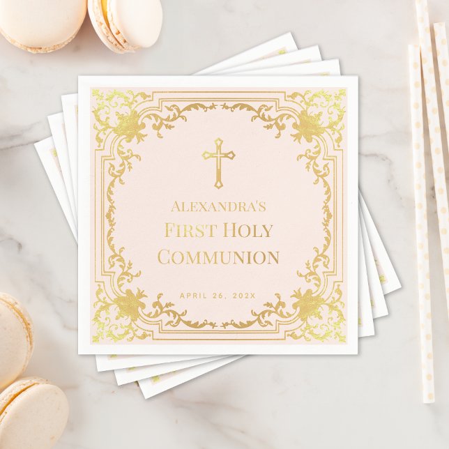 Girl First Communion Blush Pink Faux Gold Cross Napkin (Creator Uploaded)