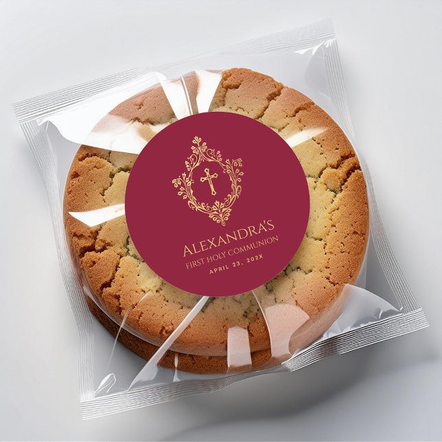 Girl First Communion Burgundy Gold Crest Religious Classic Round Sticker (Creator Uploaded)