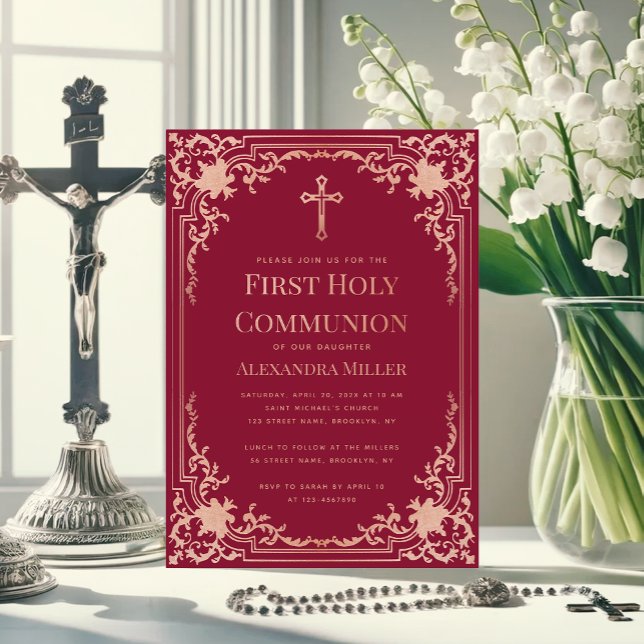 Girl First Communion Burgundy Pink Rose Gold Cross Invitation (Creator Uploaded)