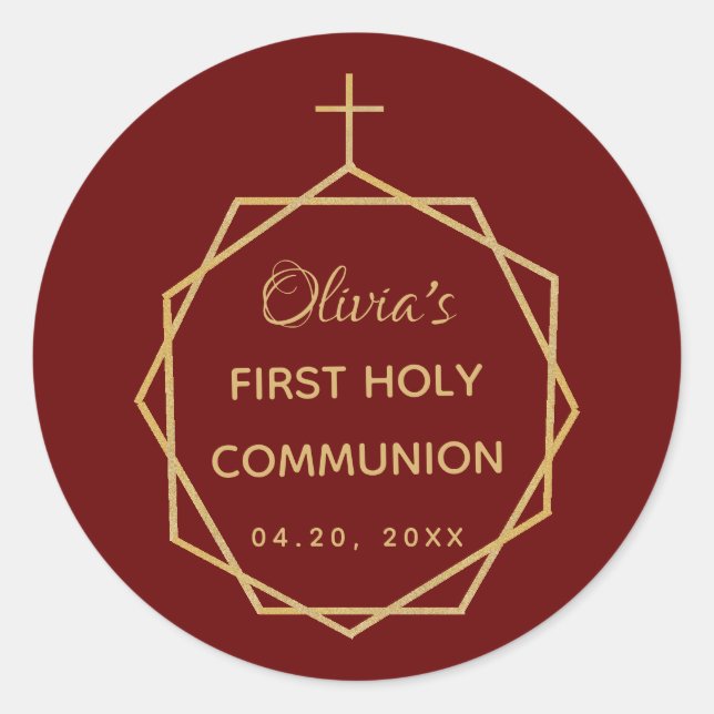 Girl First Communion Burgundy Red Gold Modern Classic Round Sticker (Front)