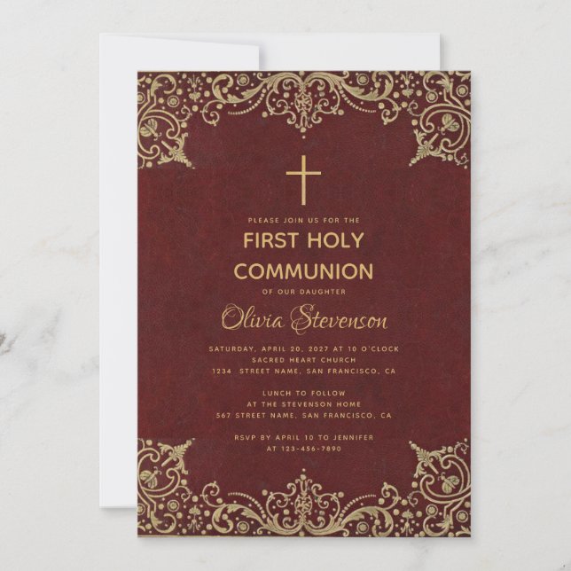 Girl First Communion Elegant Burgundy Gold Vintage Invitation (Front)