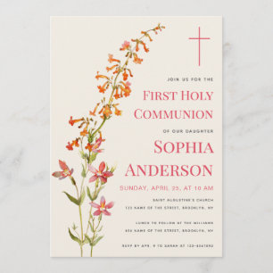 Girl First Communion Floral Watercolor Wildflowers Invitation