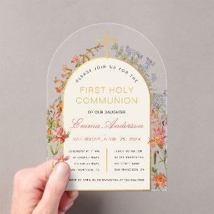 Girl First Communion Gold Arch Wildflowers Floral  Acrylic Invitations