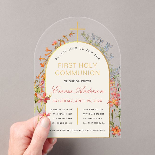 Girl First Communion Gold Arch Wildflowers Floral  Acrylic Invitations (Insitu (Handheld))