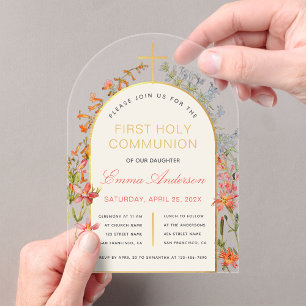 Girl First Communion Gold Arch Wildflowers Floral Acrylic Invitations