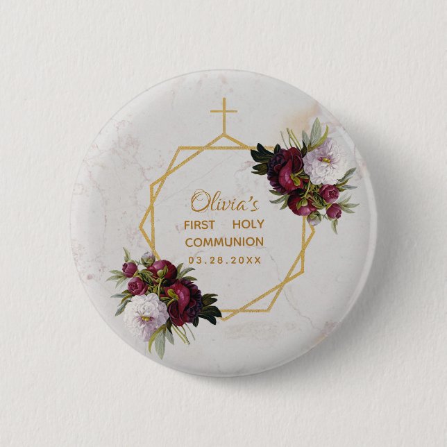 Girl First Communion Gold Burgundy Peonies Marble 6 Cm Round Badge (Front)