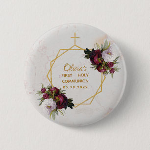 Girl First Communion Gold Burgundy Peonies Marble 6 Cm Round Badge