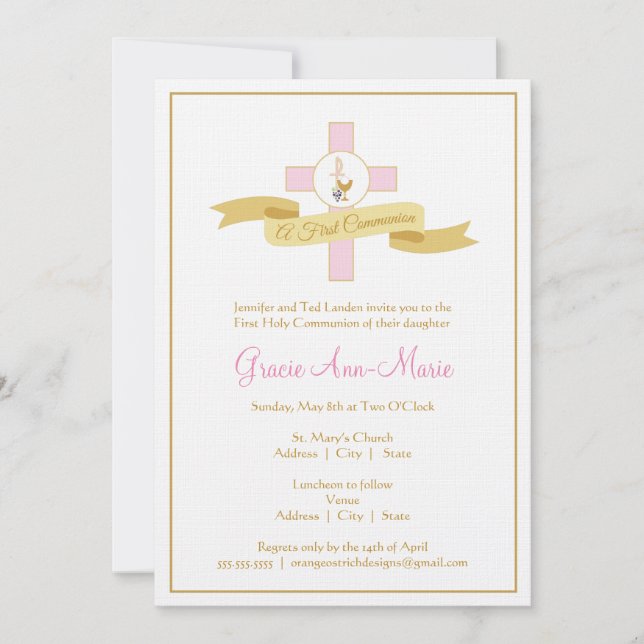 Girl First Communion Invitation - Pink (Front)