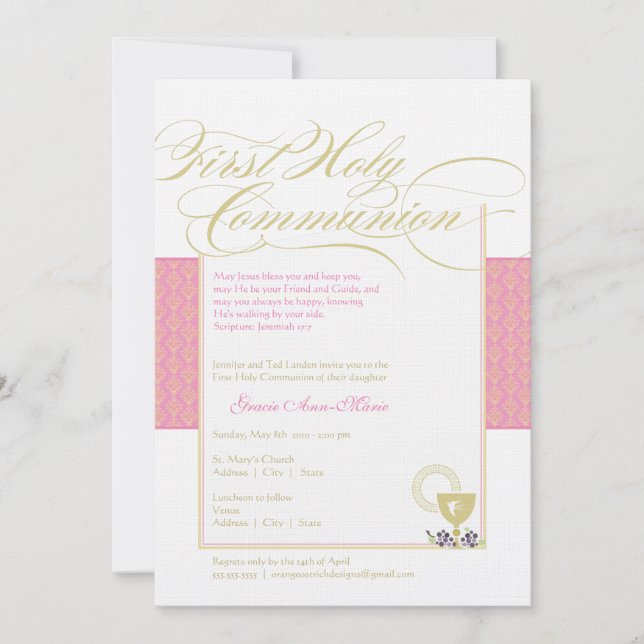 Girl First Communion Invitation - Pink 5 x 7 (Front)