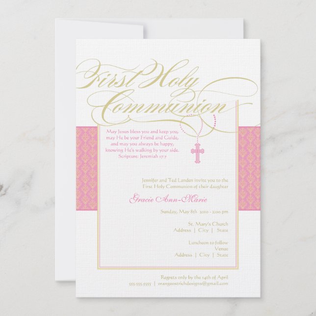 Girl First Communion Invitation - Pink 5 x 7 (Front)