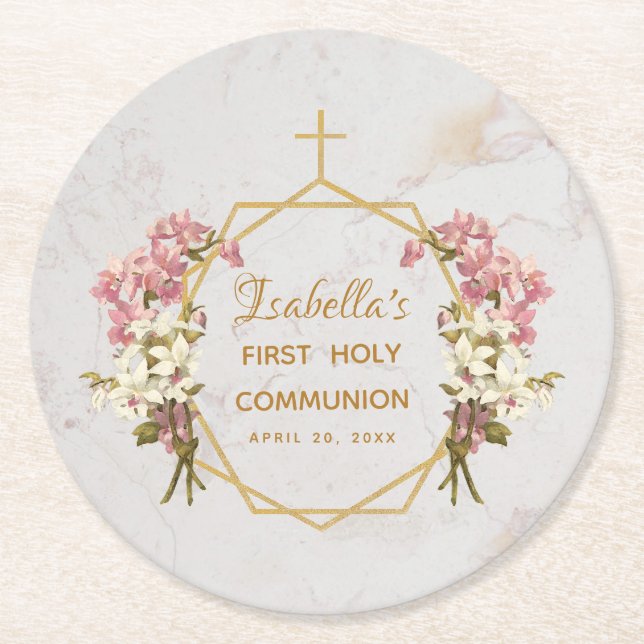 Girl First Communion Marble Pink Orchid Gold Cross Round Paper Coaster (Front)