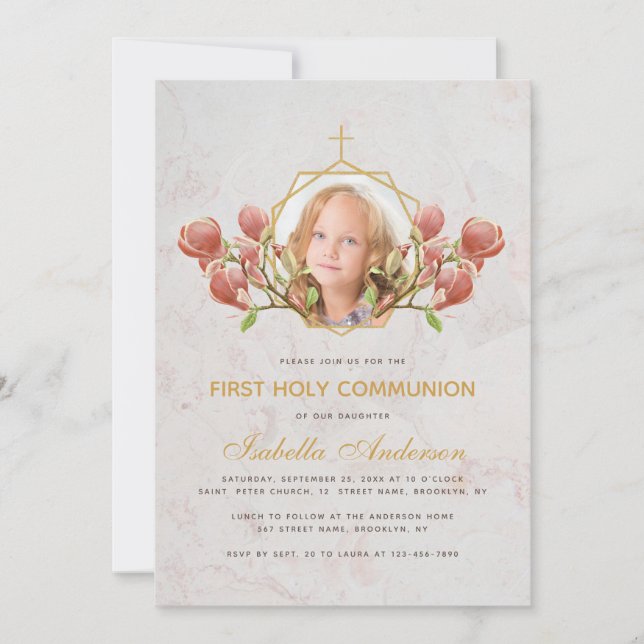 Girl First Communion Photo Pink Magnolia Marble  Invitation (Front)