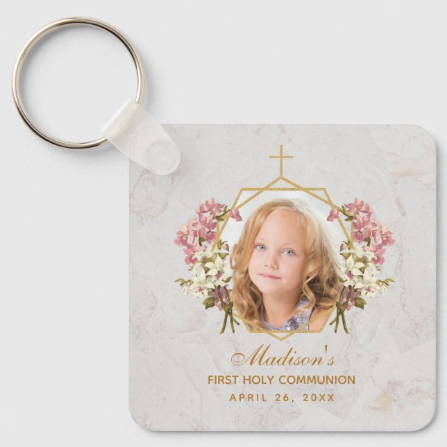 Girl First Communion Photo Pink Orchid Floral Gold Key Ring (Front)