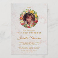Girl First Communion Photo Rose Wreath Marble
