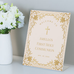 Girl First Communion Pink and Gold Vintage Welcome Pedestal Sign