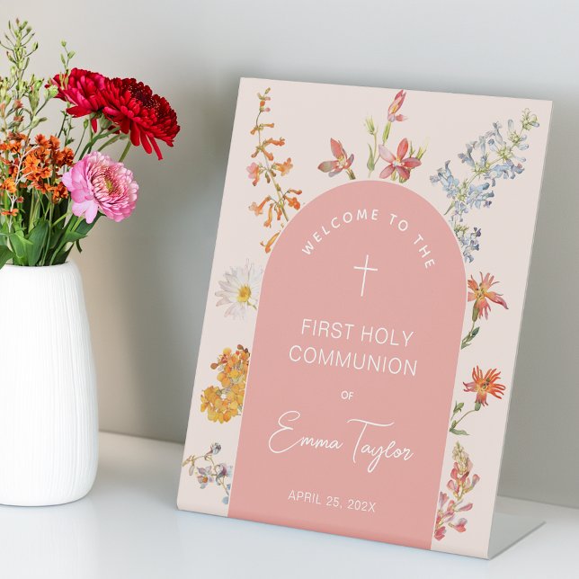 Girl First Communion Pink Arch Floral Wildflowers Pedestal Sign (Creator Uploaded)