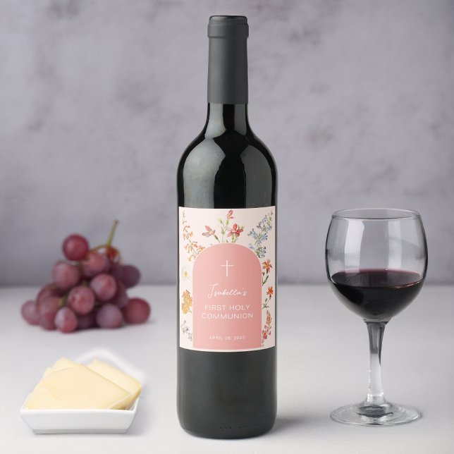 Girl First Communion Pink Arch Wildflowers Floral  Wine Label (Creator Uploaded)