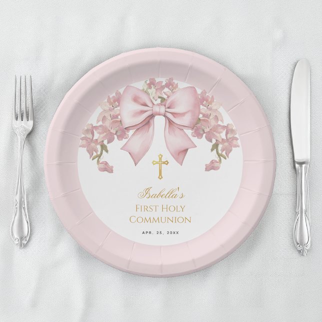 Girl First Communion Pink Bow Floral & Gold Cross Paper Plate (Creator Uploaded)