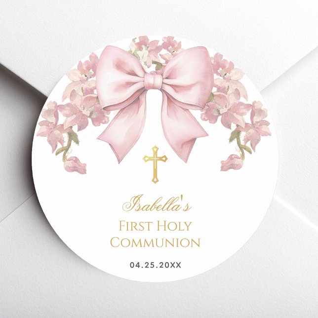 Girl First Communion Pink Bow & Gold Cross Floral  Classic Round Sticker (Creator Uploaded)