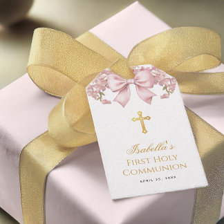 Girl First Communion Pink Floral Bow & Gold Cross Gift Tags