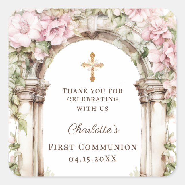 Girl First Communion Pink Florals Arch Cross Square Sticker (Front)