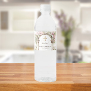 Girl First Communion Pink Florals Arch Cross Water Bottle Label