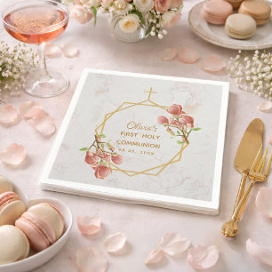 Girl First Communion Pink Magnolia Gold Marble Napkin