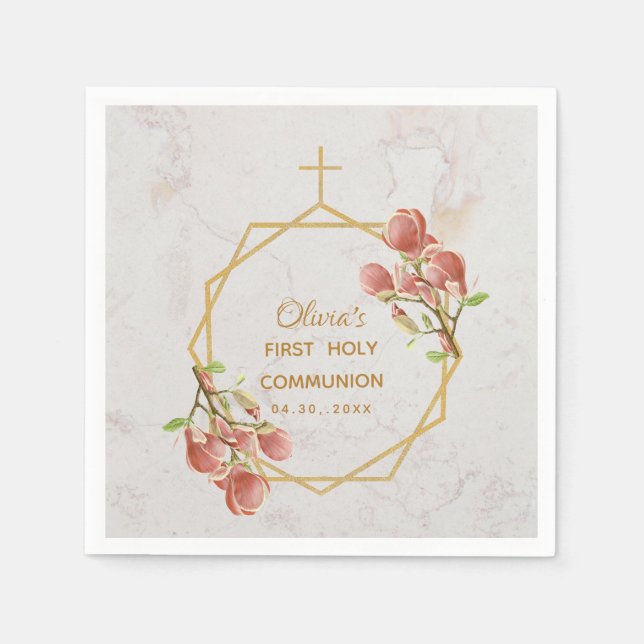 Girl First Communion Pink Magnolia Gold Marble Napkin (Front)