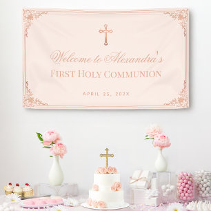 Girl First Communion Pink Rose Gold Cross Vintage Banner