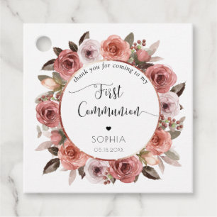 Girl First Communion Rose Gold, Blush Floral Favour Tags