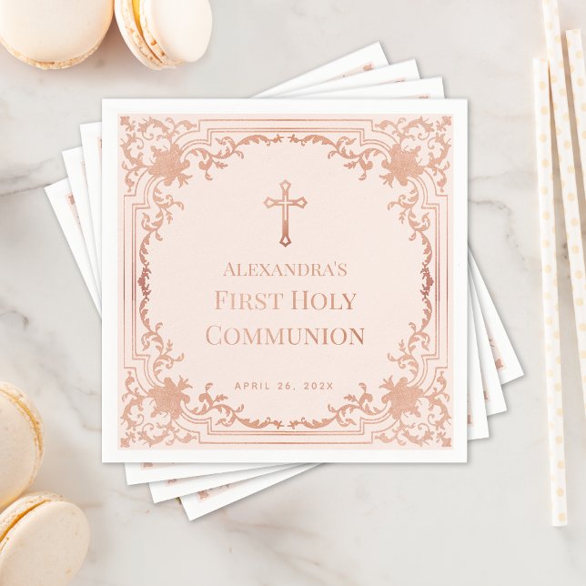 Girl First Communion Rose Gold Cross Blush Pink  Napkin (Creator Uploaded)