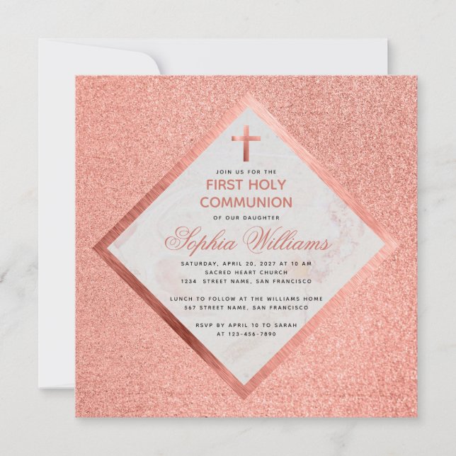 Girl First Communion Rose Gold Marble Pink Glitter Invitation (Front)