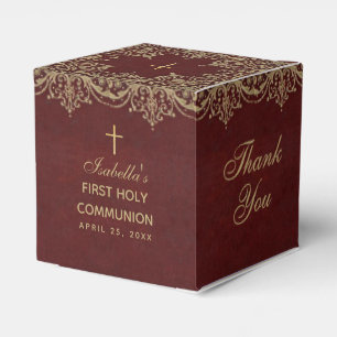 Girl First Communion Vintage Burgundy Gold Elegant Favour Box