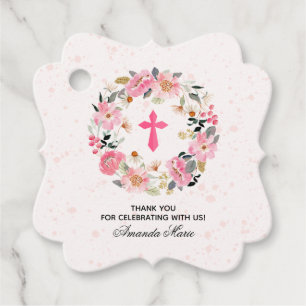 Girl First Communion Watercolor Pink Floral Favour Favour Tags