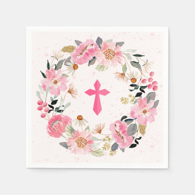 Girl First Communion Watercolor Pink Floral Napkin (Front)