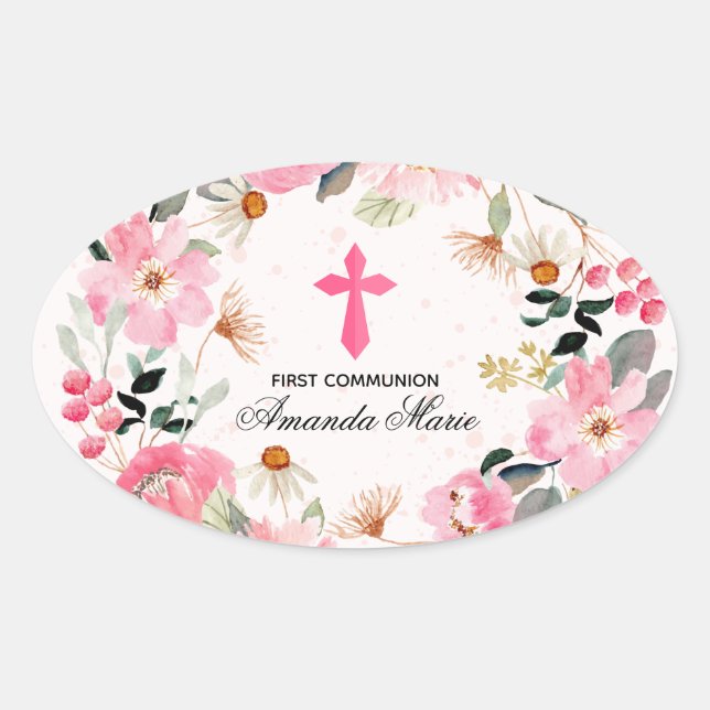 Girl First Communion Watercolor Pink Floral Oval Sticker (Front)
