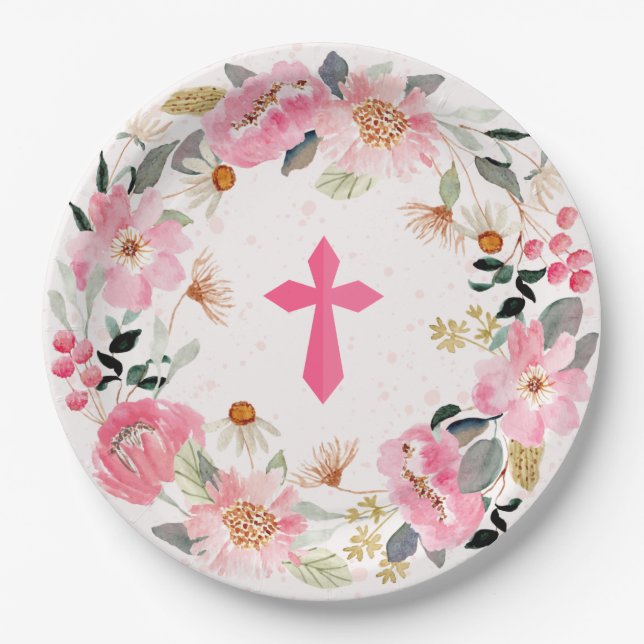 Girl First Communion Watercolor Pink Floral  Paper Plate (Front)