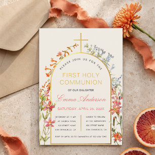 Girl First Communion Wildflowers Gold Arch Floral  Invitation