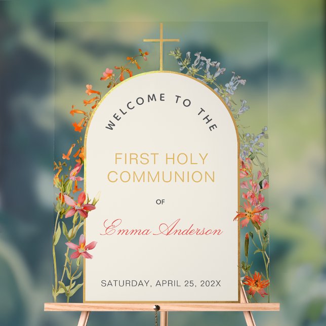 Girl First Communion Wildflowers Gold Arch Welcome Acrylic Sign (Creator Uploaded)