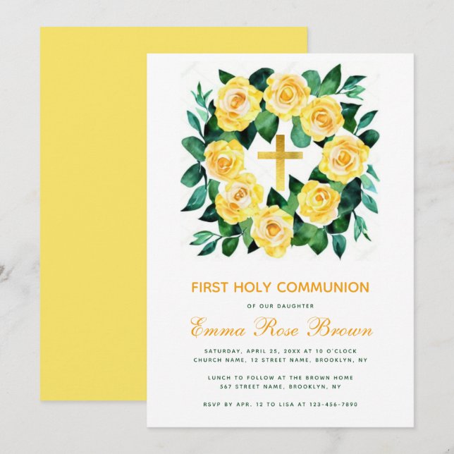 Girl First Communion Yellow Roses Wreath Floral Invitation (Front/Back)