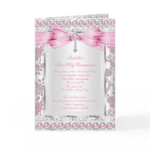 Girl First Holy Communion Cross Damask Pink Silver