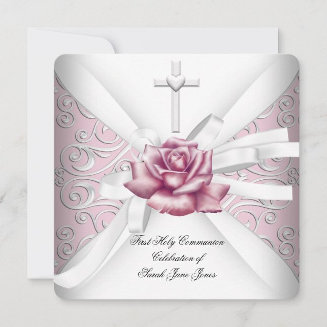 Girl First Holy Communion Damask Pink Rose White Invitation (Front)