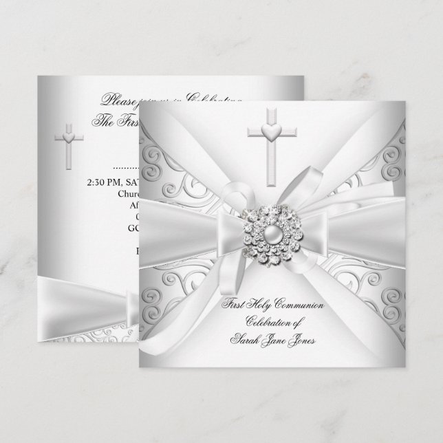 Girl First Holy Communion Damask White Silver Invitation (Front/Back)