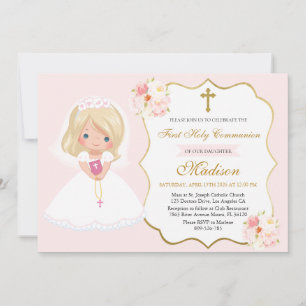 Girl First Holy Communion Invitation Soft Pink