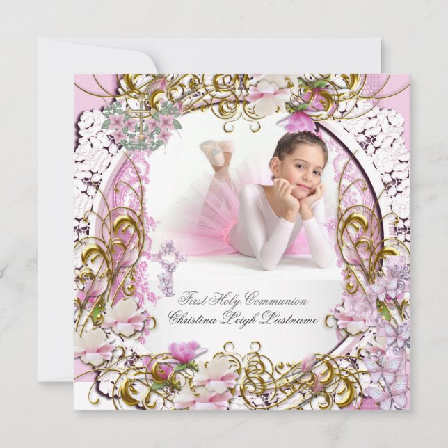 Girl First Holy Communion Lace Pink Gold Photo Invitation (Front)