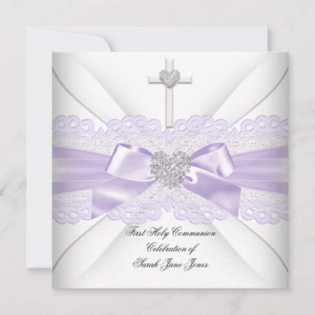 Girl First Holy Communion Lilac Lace White Heart Invitation (Front)