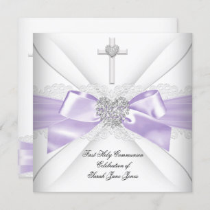 Girl First Holy Communion Lilac White Silver Heart Invitation