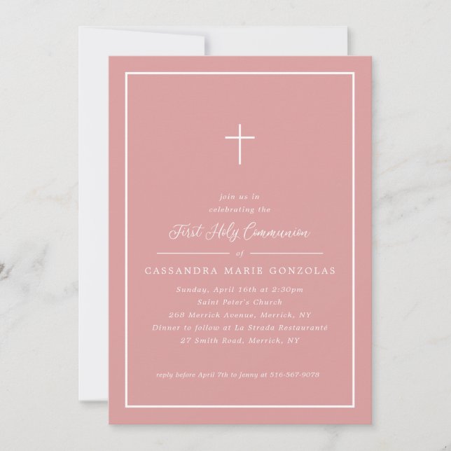 Girl First Holy Communion Pink Cross Simple Frame Invitation (Front)