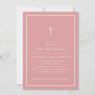 Girl First Holy Communion Pink Cross Simple Frame Invitation