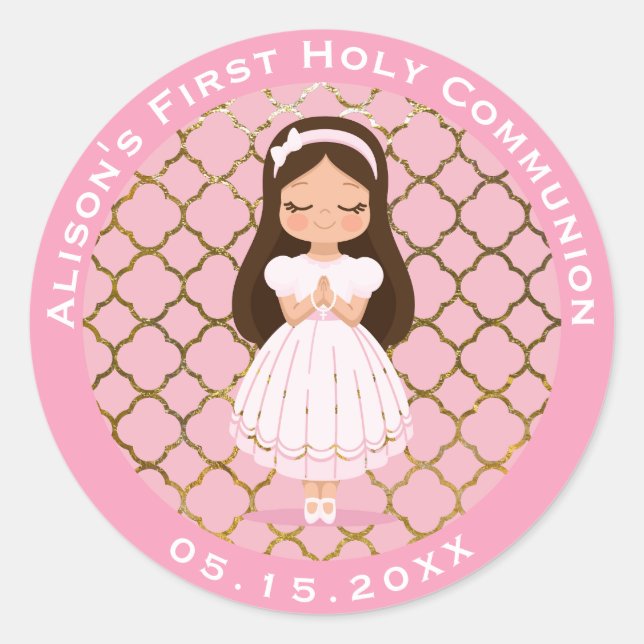 Girl First Holy Communion Pink Gold Classic Round Sticker (Front)